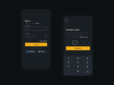 Onboarding UI clean ui dark mode dark theme dark ui esports invitation code login mobile ui signup sports