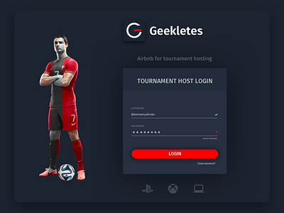 Geekletes - Dark Login Redesign clean dark theme game minimalistic startup tournament hosting