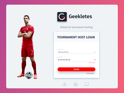 Geekletes - Light Login Redesign c ronaldo clean cronaldo game light theme login minimalistic ronaldo simple soccer startup tournament hosting