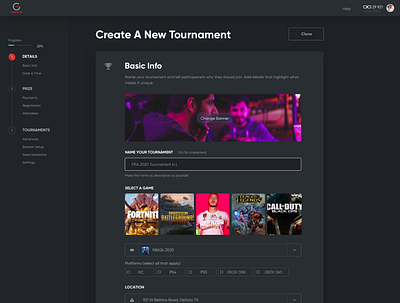 Tournaments Creation Page clean dark dark theme dark ui esports game gaming geekletes minimalistic tournament tournament hosting tournaments web application