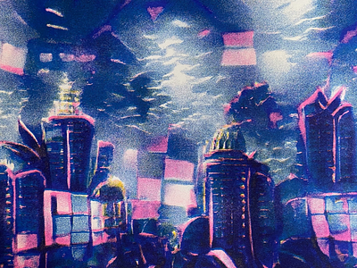 Underwater Dark Deco RISO VQGAN print ai generated cityscape deco ganart print riso risograph underwater vqgan