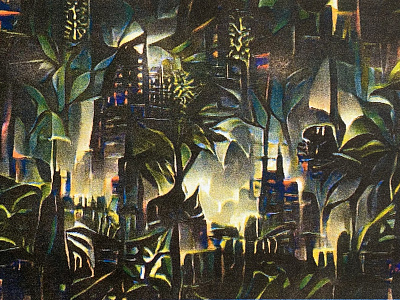 Dark Deco Jungle RISO VQGAN print city cityscape cyberpunk deco futuristic ganart jungle print riso risograph texture vqgan