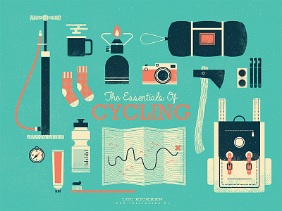 The Essentials Of Cycling adventure axe backpack camping cycling halftone illustration texture