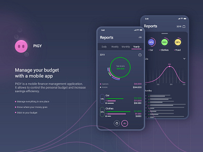 Budget management mobile app | PIGY budget budgeting check daily experience family budget financial income interface mobile app money monthly pay report screen technology ui ux yearly