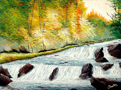 "A gushing stream" acrylic painting brushes canvas fine arts foliage handpainted nature painting water