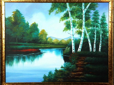 "An afternoon by the backwaters" acrylic painting brushes canvas fine arts foliage green handpainted nature painting water