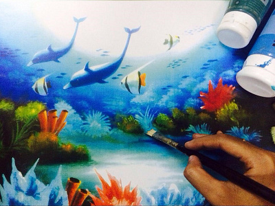 "The deep blue sea" acrylic painting brushes canvas corals dolphins fine arts fishes handpainted painting underwater water