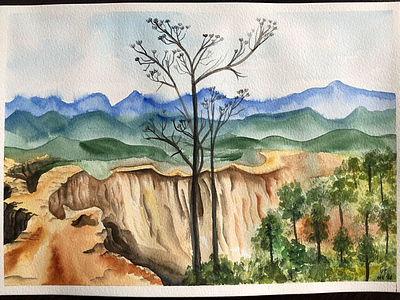 Pai Canyon watercolor painting, Northern Thailand canyon hand drawn landscape mountains nature outdoor pai watercolor