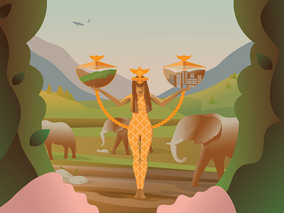 Balance cities elephant front girl gold green illustration libra mountines nature startup sustainability tourism vector