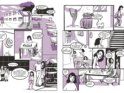 “L small” - storyboard page cat comics girl living room room school storyboard trash bin violet
