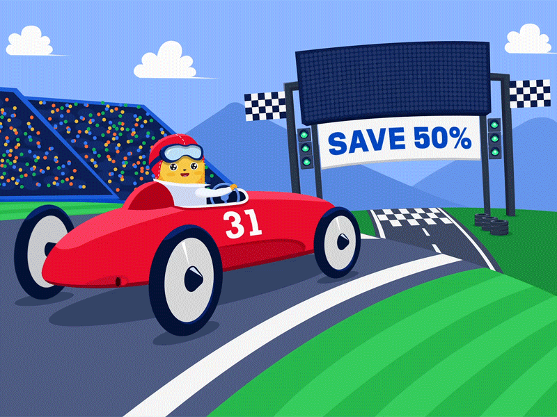 Racing Podo 2d animation animation banner campaign car design discount endofyearcampaign jotform podo race racecar sale save50