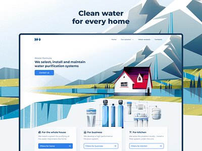 H2O — water purification systems landing page draw house illustration landing mountains ui water water filter web web design