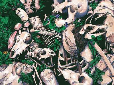 There's No Planet B biodiversity bones climatechange dark death design digital digital illustration drawing illustration leaves nature nature illustration plants plastic