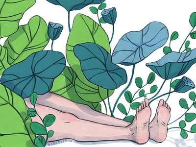 Hiding through the leaves drawing feet green hiding illustration leaves resting tropical