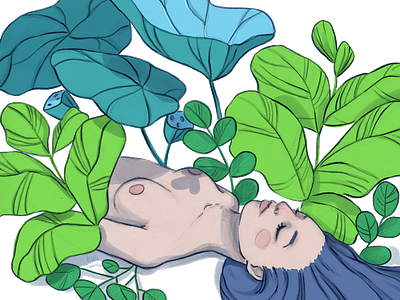 Hiding through the leaves digital drawing girl green hiding illustration leaves nature resting sleeping tropical