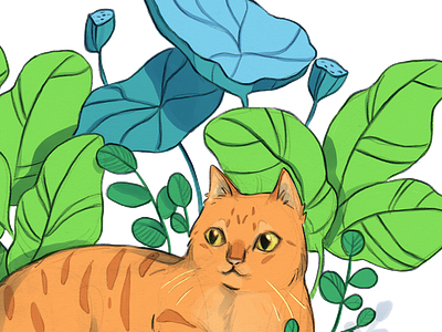 Hiding through the leaves cat cat drawing cat illustration digital drawing green illustration leaves nature resting tropical