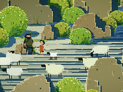 Through Unknown Paths 2d 2d art animation boy digital nature pixel animation pixel art sheep shepherd shortfilm videogame