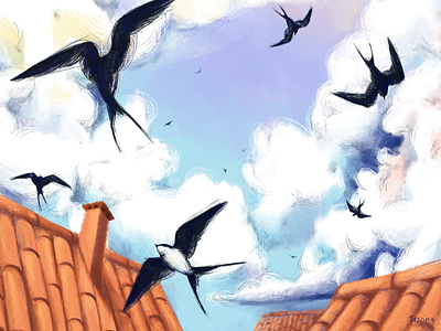 Swallows animals animals illustrated bird birds childrens book childrens illustration clouds digital digital art digital illustration drawings home illustration pastel colors rooftops sketches sky summer swallow wind