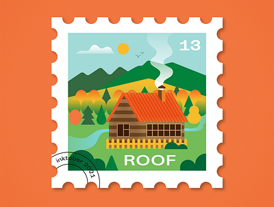 #13 Roof autumn chimney flat forest graphic design house illustration inktober mountain mountain view postage stamp roof smoke stamp vector village