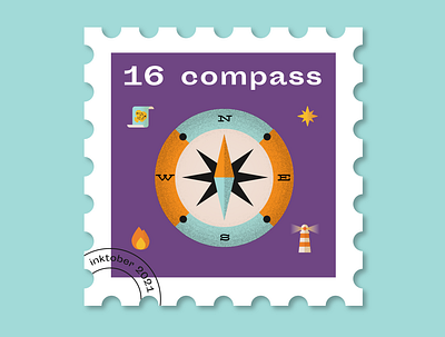 #16 Compass adventures arrow compass flat graphic design illustration inktober postage stamp stamp vector way