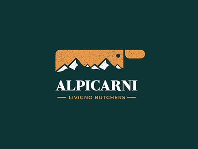 Alpicarni Logo alpes brand brand design brand identity branding butcher food knife logo logo design logotype mark mountain mountains negative space rough