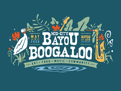 Bayou boogaloo bayou community fesival flower guitar music new orleans pelican plants saxophone