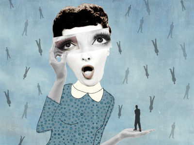 It's raining men collage face giclée art print illustration men rain surprise woman