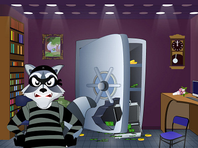 Character Illustration of Razzy Raccoon 2d game illustration art cartoon character robbery cash game raccoon thief