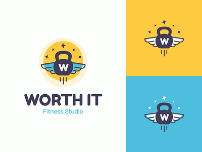 Worth It Fitness Studio branding fitness fredoka illustration kettlebell logo logo design logo identity sport stars typography wings
