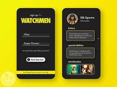 Watchmen - App UI concept app appuidesign comic dailyui dc hbo interactiondesign movieui sign up silk spectre smiley ui ui concept uiux watchmen webdesign zacksnyder