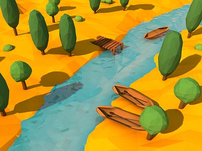 River Stream 3d canoe dock low poly river