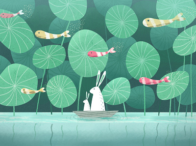 Rabbits in the Forest River animal art artist artwork background branding calm color colorful draw drawing fish forest green illustration rabbit scenery sketch vector water