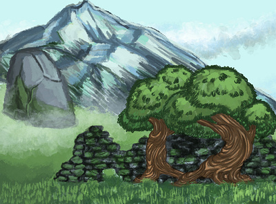Two trees digital paint landscape mountain trees