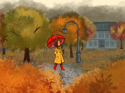 Autumn autumn autumn leaves digital paint illustration park procreate red umbrella