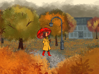 Autumn autumn autumn leaves digital paint illustration park procreate red umbrella