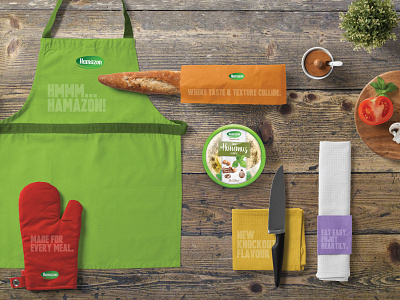 Hamazon apron branding consumer branding food food branding hummus identity packaging product branding spread stationery visual identity