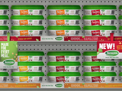 Hamazon ad branding food food branding hummus product branding shelf shelf product shelf stopper ad spread supermarket tag