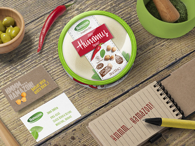 Hamazon branding business cards food hummus identity packaging pen pepper spread stationery top lid visual identity