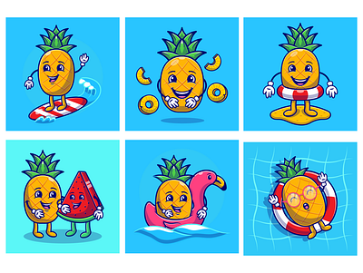 Summer Vibes Pineapple Concept cartoon design flamingo float holiday icon illustration pineapple pool sea tropical summer surfboard vibes water