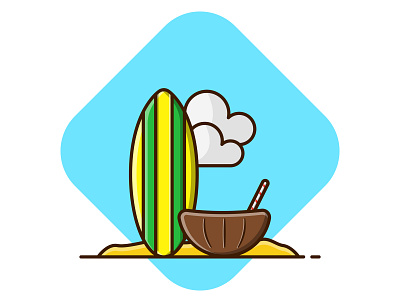 Surf Board and Coconut beach board cartoon clouds coconut design dribbble flat flat design holiday icon illustration logo paradise sand summer surf surfing travel vector