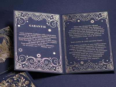 Leila Buecher's correspondance • guarantee card arabesque card correspondance foil gold identity illustration lines magic poetry print stars vector