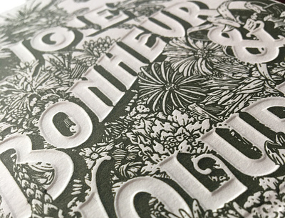 Letterpress subtilities • Joie Bonheur & Volupté black and white card embossing flowers illustration ink lettering lettrepress print typography