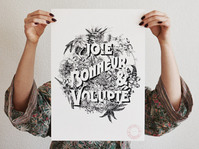 Joie Bonheur & Volupté black and white flowers illustration typography