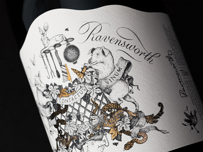 Ravensworth estate coat of arms engraving fun gold foil graphic design grotesque illustration label leaves lines morbid quirky typography wine wine bottle