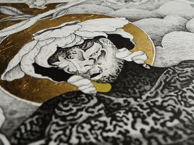 Headzoomlow life bloom gold goddess mandorla black and white rotring flowers lines illustration
