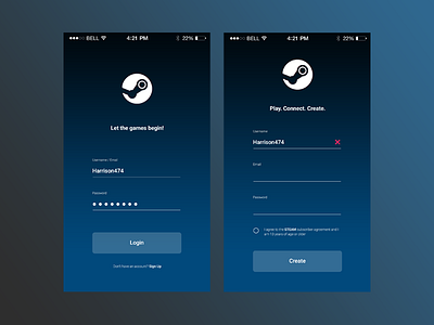App Login Screen app daily design form join login register screen signup steam ui