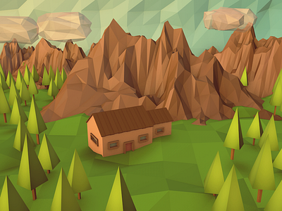 Low Poly Woodland 3d animation c4d gif house low poly lowpoly polygons sky trees woodland woods