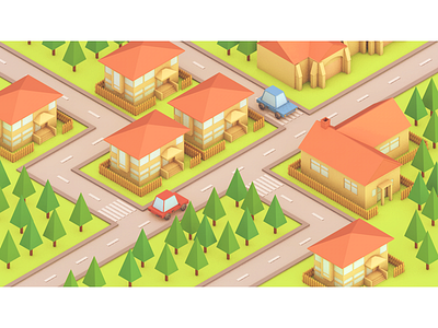 Neighborhood (Isometric) 3d c4d cars house isometric landscape low poly lowpoly neighborhood trees