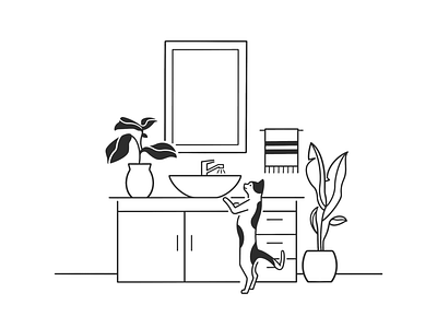 bathroom bathroom black and white cartoon cat comic cute doodle home illustration ink line minimal monochrome plants product design simple ui ux web design