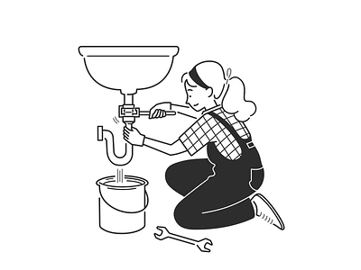 handyman bathroom black and white character character design comic fix girl handyman home illustration line minimal monochrome product design repair simple design tools ui ux web design